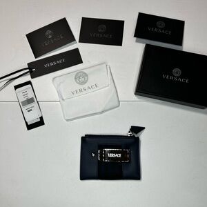 New in box Versace Wallet Money Clip Card Holder with Dust Bag and Tags Navy